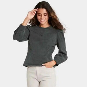 Universal Thread Green Denim Puff Shoulder Top Size Women's Medium NEW